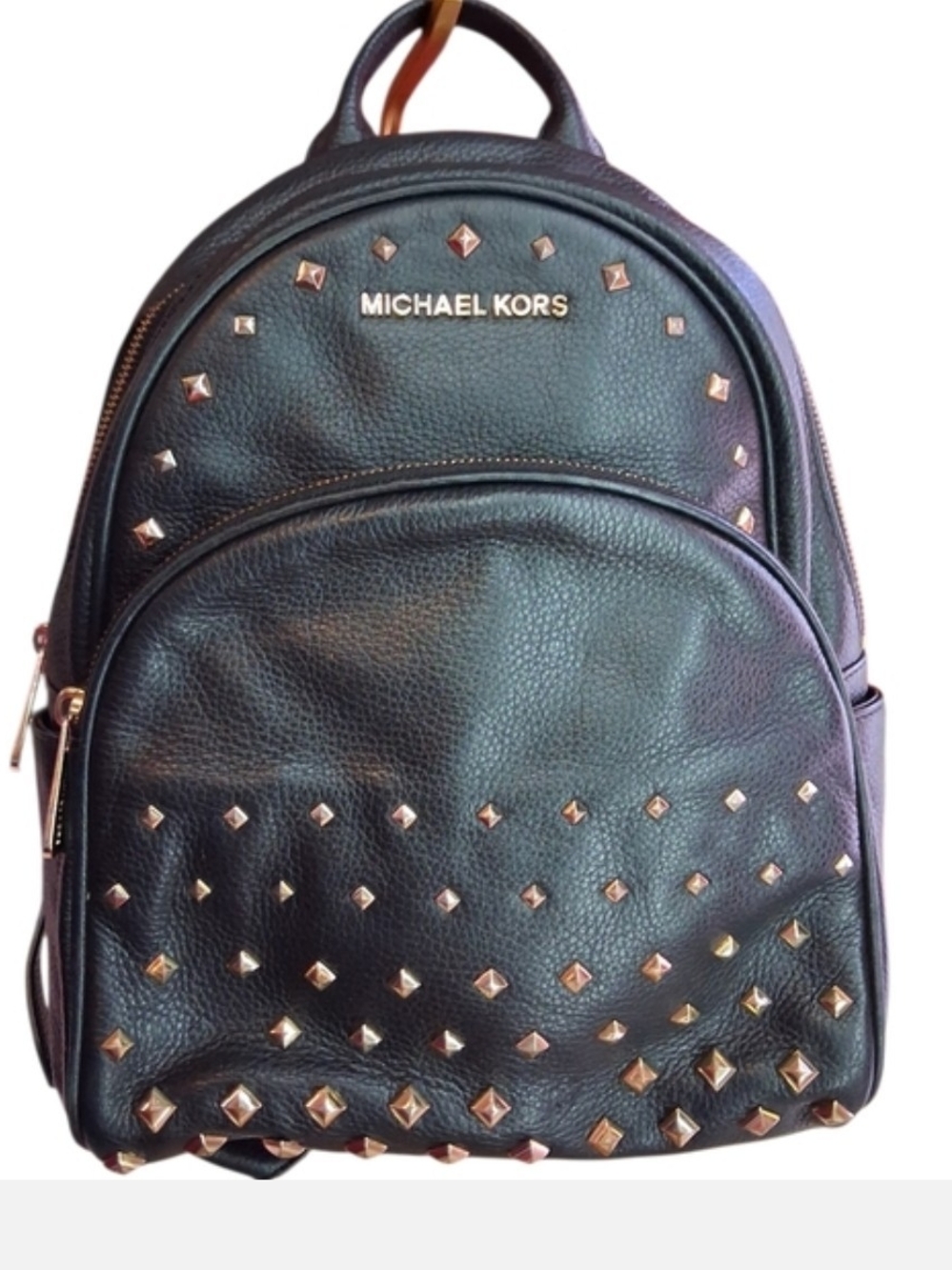 Michael Kors Black Pebbled Leather Studded Backpack with Gold Accents